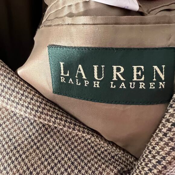 Lauren Ralph Lauren Houndstooth Silk Wool Blazer Brown Lined 2 Button Jacket 42R - Picture 11 of 12